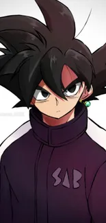 Anime character with dark hair in a purple jacket on a white background.