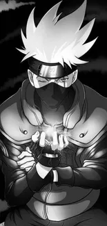 Black and white anime character in a dark setting with glowing energy.