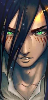 Intense anime character with green eyes and dark hair on a mobile wallpaper.