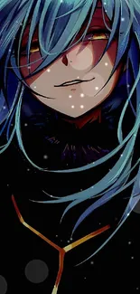 Anime character with blue hair and dark background.