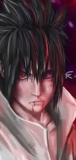 Anime character with intense gaze, dark colors, and vibrant background.