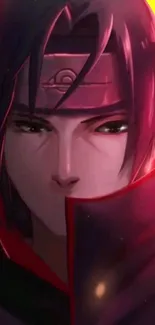 Anime character in hooded cloak, dark red hues.