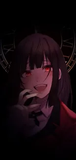 Anime girl with black hair and red eyes on a dark background.