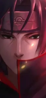 Anime character with dark red tones and an intense gaze.