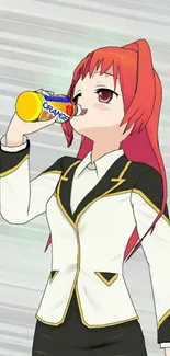 Anime girl drinking juice, stylish and vibrant.