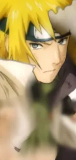 Dynamic anime character with golden hair displaying action.