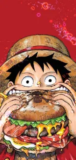 Anime character enjoying a big burger, set against a vibrant red background.