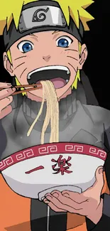 Anime character happily eating ramen, vibrant wallpaper.