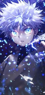 Anime character with vibrant electric powers in blue hues.