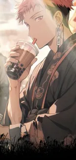 Anime character sipping bubble tea in a stylish setting.