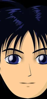 Anime character face with dark hair and vibrant features on black background.