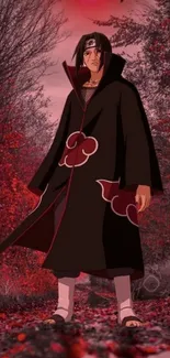 Anime character in a crimson autumn forest setting with red and black colors.