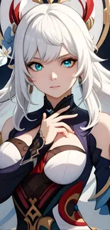 Anime character with white hair and vivid attire in fantasy art style.