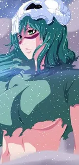 Anime character with vibrant green hair and mystical background.