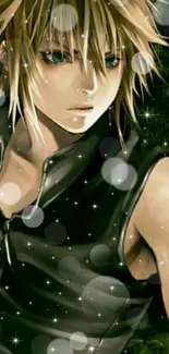 Anime character with blond hair, tattoo, and fantasy elements in a dark forest.