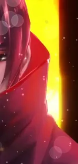 Mysterious anime character with a fiery background.