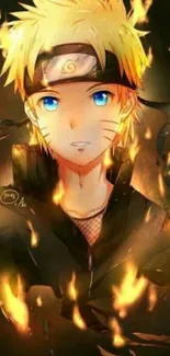 Anime character with a fiery glowing background and striking blue eyes.