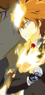 Anime character in suit with fiery aura and glowing energy.