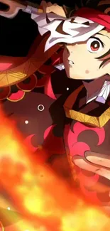 Anime character in a fiery action scene with vibrant colors.