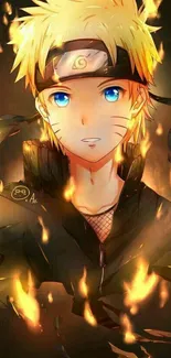 Fiery anime character with blonde hair and blue eyes surrounded by golden flames.