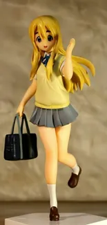 Anime figurine of a schoolgirl with a bag, in beige tones.