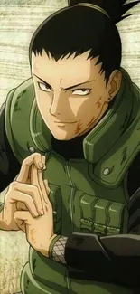 Anime character in green vest strikes a pose.