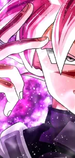 Anime character with cosmic galaxy theme in pink and purple hues.