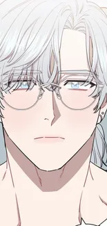 Anime character with glasses and white hair, stylish design.