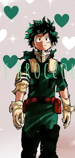 Anime hero with hearts and sparkles on green background.