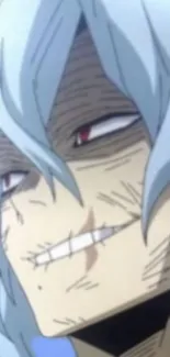 Anime character with light blue hair grinning menacingly.