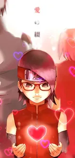 Anime character holding a glowing heart with red and pink hues.