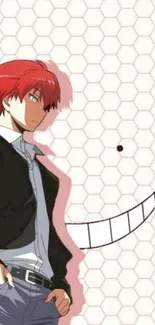 Anime character with red hair and hexagon backdrop on mobile wallpaper.