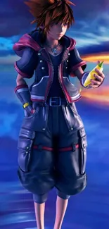 Anime character holding a banana with a vibrant background.