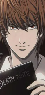 Anime character holding a notebook with intense expression.