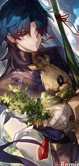 Anime character in dynamic pose holding plant.