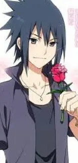 Anime character holding a red rose with a soft pink background.