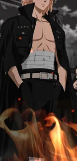 Anime character in black attire with confident stance.