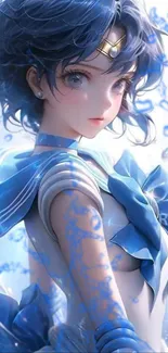 Anime character with blue outfit, vibrant background.