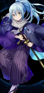 Anime character in blue and purple outfit with sword.