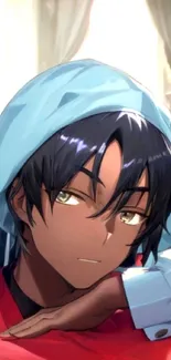 Anime character in blue hoodie resting on arm, looking thoughtful.