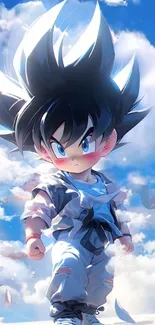 Anime character against a vivid blue sky with drifting clouds.