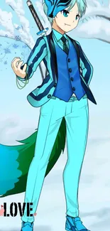 Anime character in a blue suit with a fantasy background.