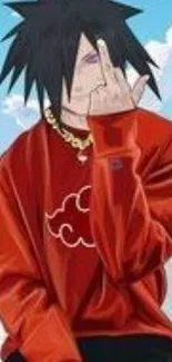 Anime character in red outfit with a blue sky backdrop.