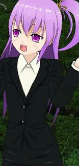 Anime character with purple hair in a business suit on a scenic background.