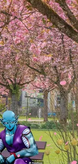 Anime character under cherry blossoms in a tranquil garden scene.