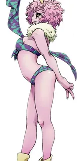 Anime character with pastel purple and green bikini on white background.