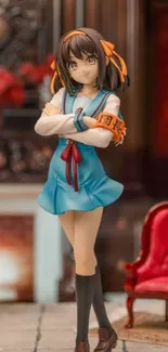 Anime figure in a cozy, elegant room setting with vibrant colors.