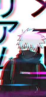 Anime character in cyber style with Japanese text and neon effects.