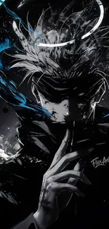 Anime character in dark theme with striking blue accents.