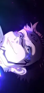 Anime character with glowing expression in a dark, vibrant setting.